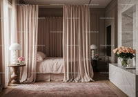 Cozy bedroom with soft curtains and elegant floral decor