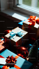 Festive gift boxes with ribbons and holiday decorations