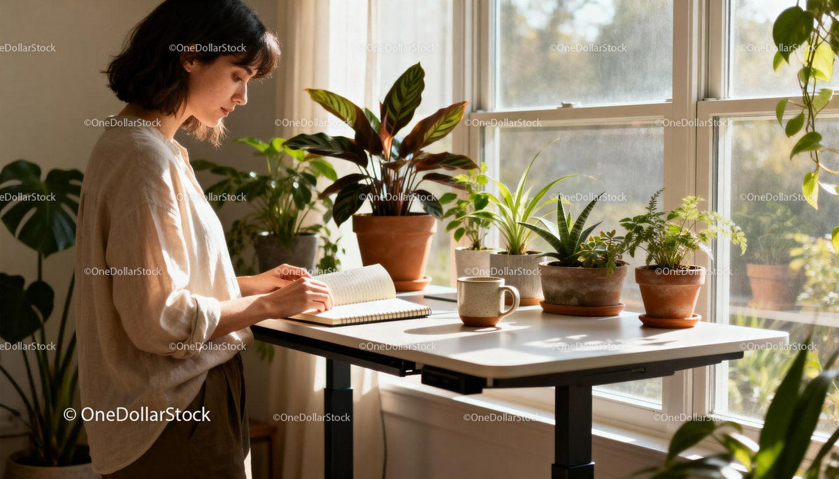 Young woman reading journal by sunny window with plants