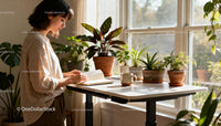 Young woman reading journal by sunny window with plants