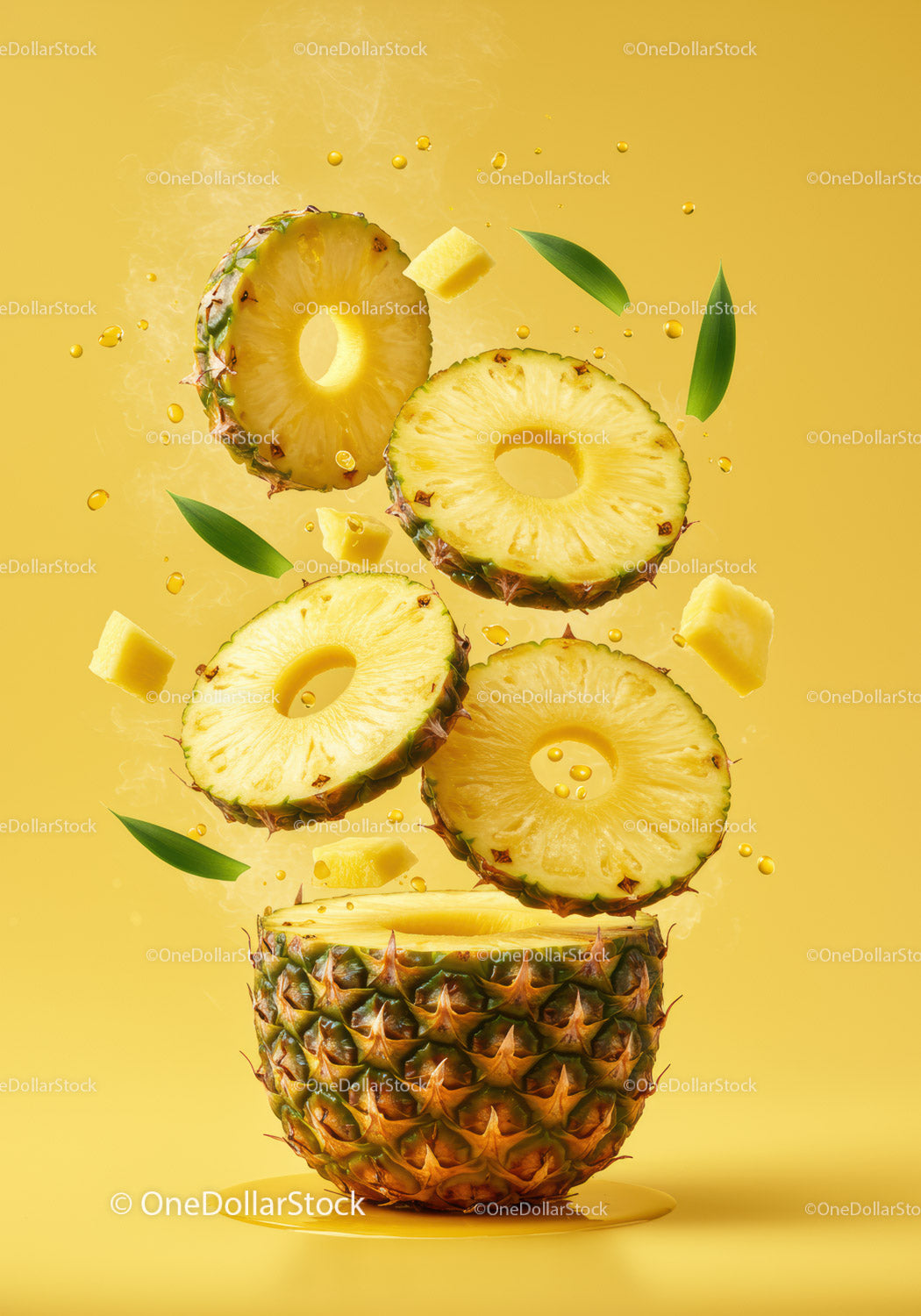 Floating pineapple slices with fresh green leaves