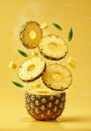 Floating pineapple slices with fresh green leaves