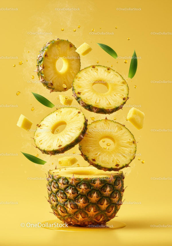 Floating pineapple slices with fresh green leaves