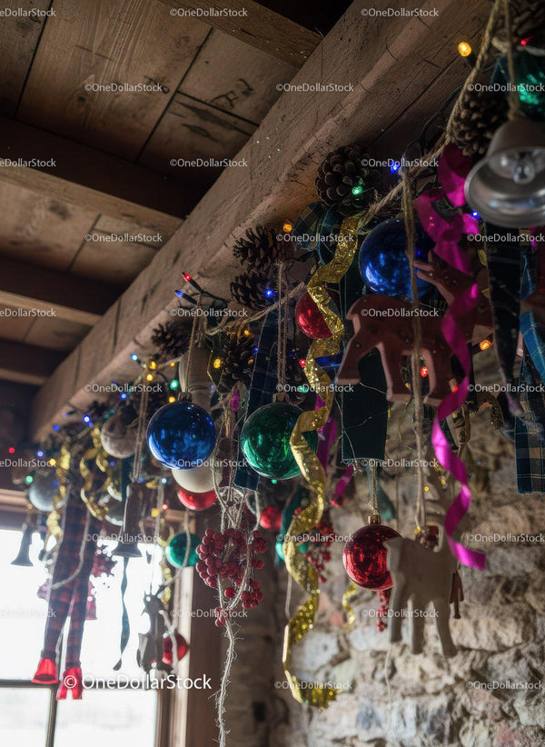 Rustic Christmas Garland with Colorful Ornaments and Lights