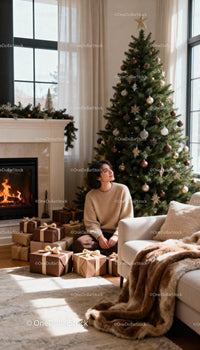 Young woman enjoying cozy Christmas morning at home