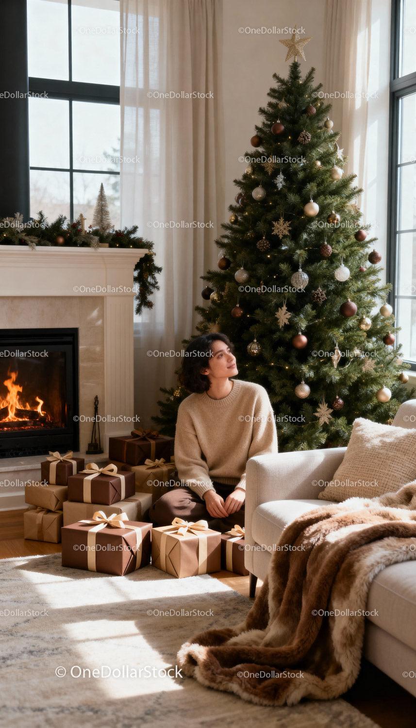 Young woman enjoying cozy Christmas morning at home