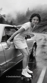 Young woman roller skating beside car on rainy road