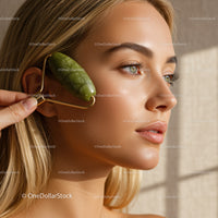 Close-Up of a Woman Using Jade Roller for Facial Rejuvenation with Green and Beige Highlights