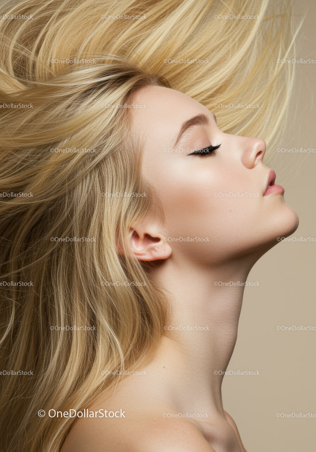 Blonde woman with flowing hair and serene expression