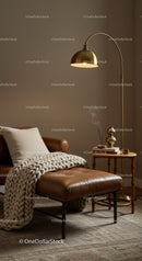 Cozy leather lounge chair with knitted blanket and warm lamp