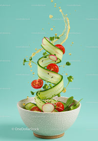Fresh salad ingredients swirling over ceramic bowl