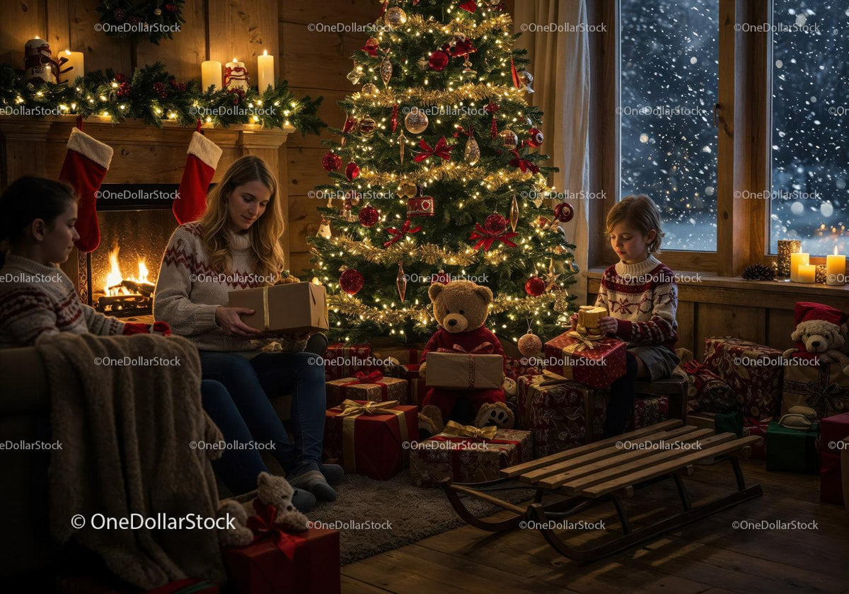 Cozy family moment with Christmas gifts by decorated tree