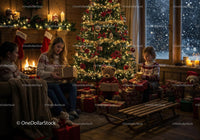 Cozy family moment with Christmas gifts by decorated tree