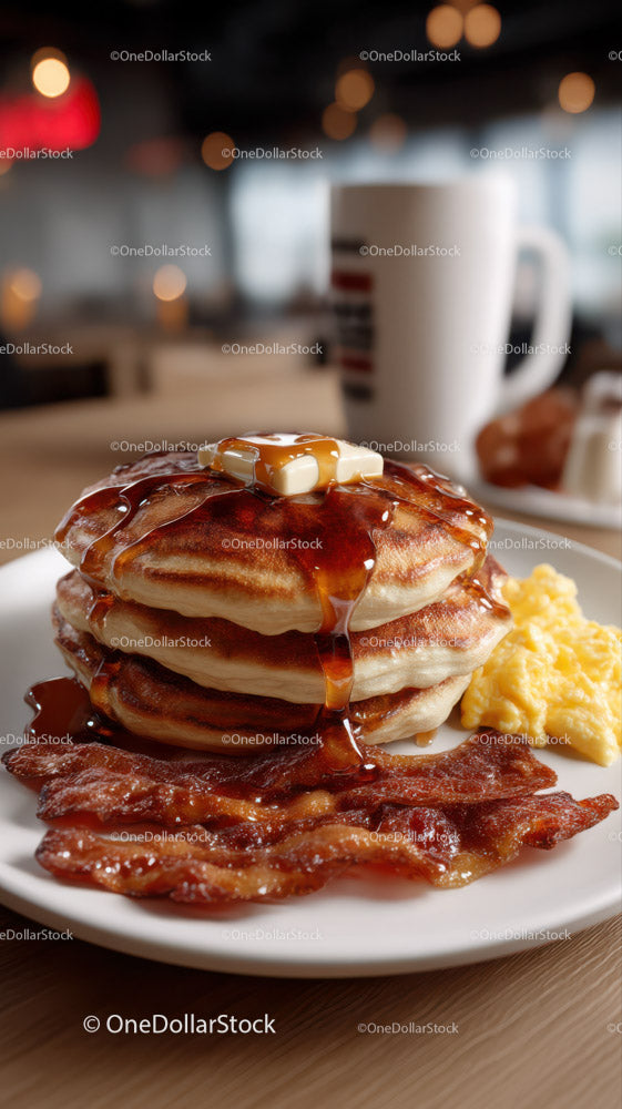 Stack of Fluffy Pancakes with Syrup and Bacon for Breakfast or Brunch
