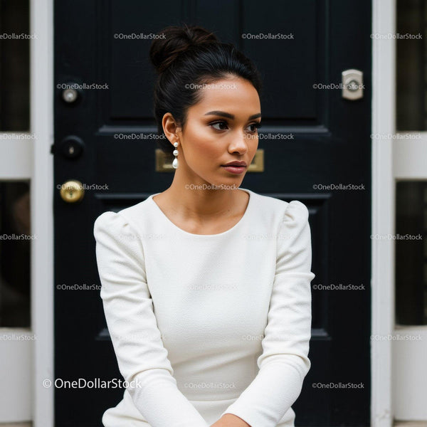 Elegant young woman in white dress sitting outdoors