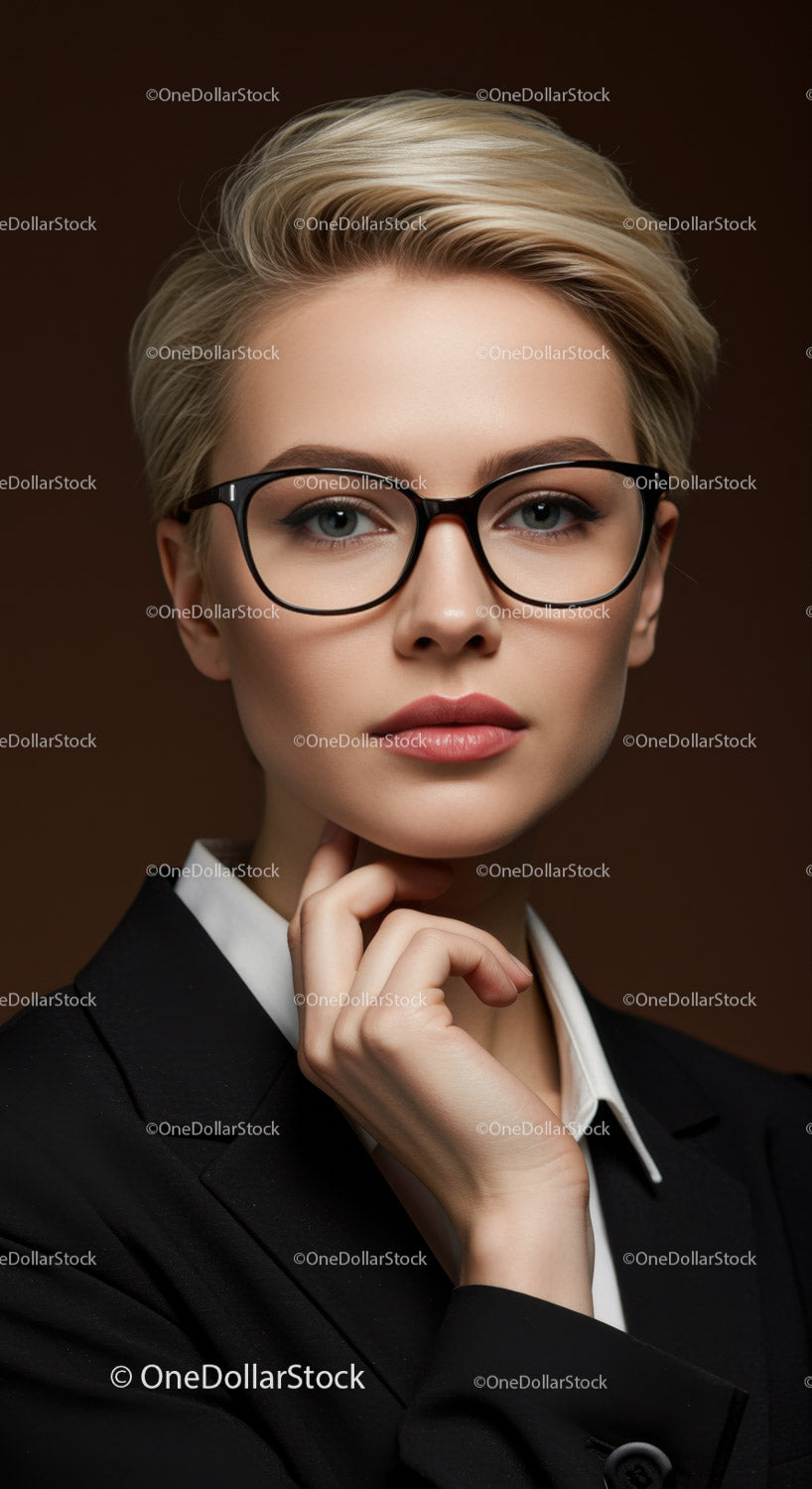 Elegancka blondynka w okularach w formalnym stroju biznesowym