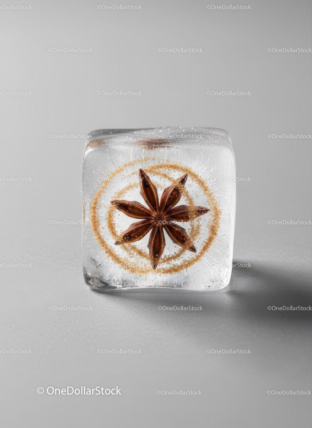 Star Anise Encased in Clear Ice Cube with Spices