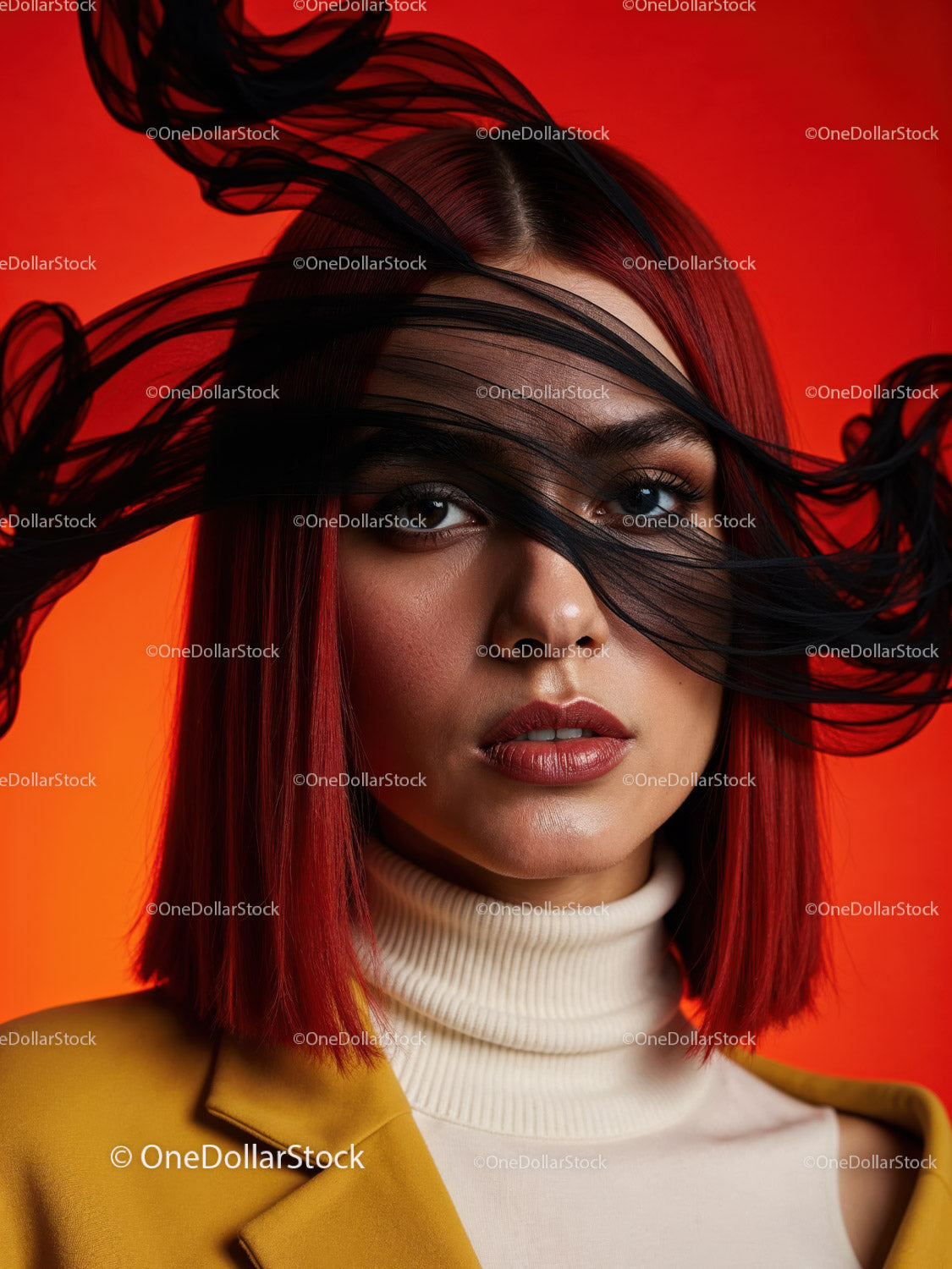 Striking Woman with Artistic Blue Face Paint and Red Lipstick