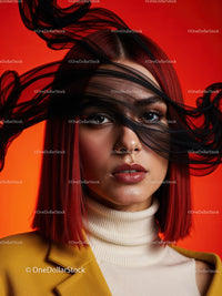Striking Woman with Artistic Blue Face Paint and Red Lipstick