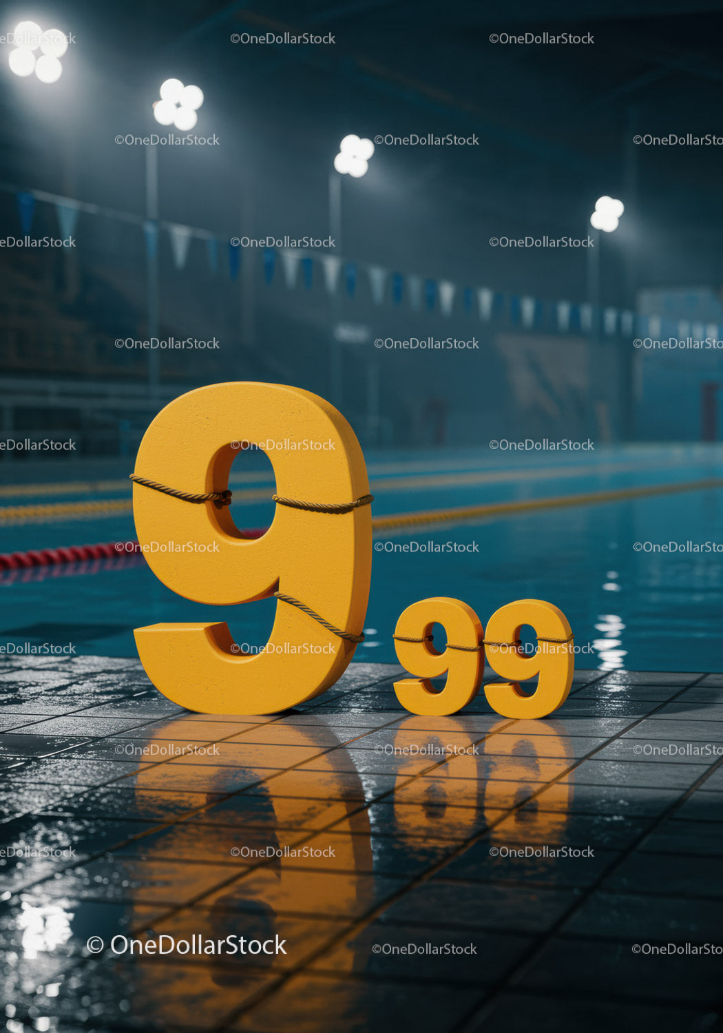 Yellow Lane Markers by Swimming Pool at Night