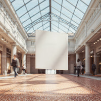Blank square sign suspended in elegant shopping arcade