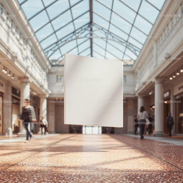 Blank square sign suspended in elegant shopping arcade JPG Mockup Image