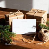 Rustic holiday gifts with blank card and pine branches JPG Mockup Image preview