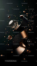 Elegant Black and Gold Perfume Bottle with Floating Gems
