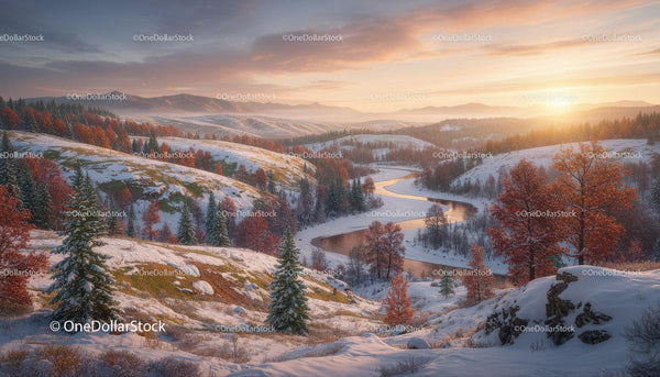 Winter Landscape With Snowy Hills and Winding River