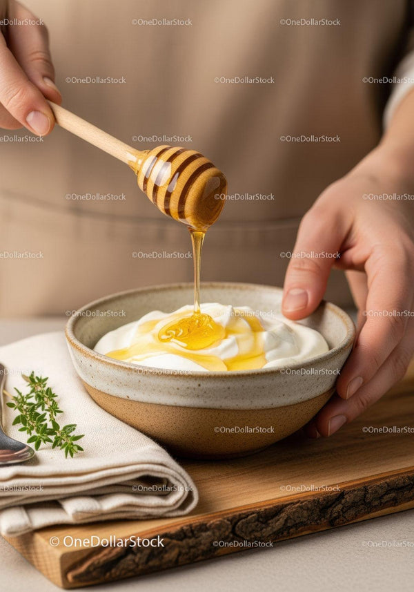 Honey Dipper Pouring Honey Over Creamy Yogurt in Rustic Bowl