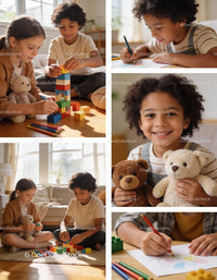 Children Engaged in Creative Play with Toys and Drawing