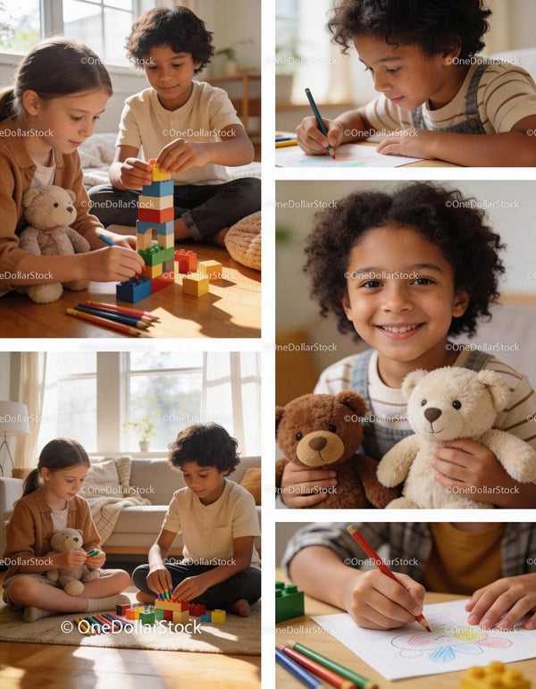 Children Engaged in Creative Play with Toys and Drawing