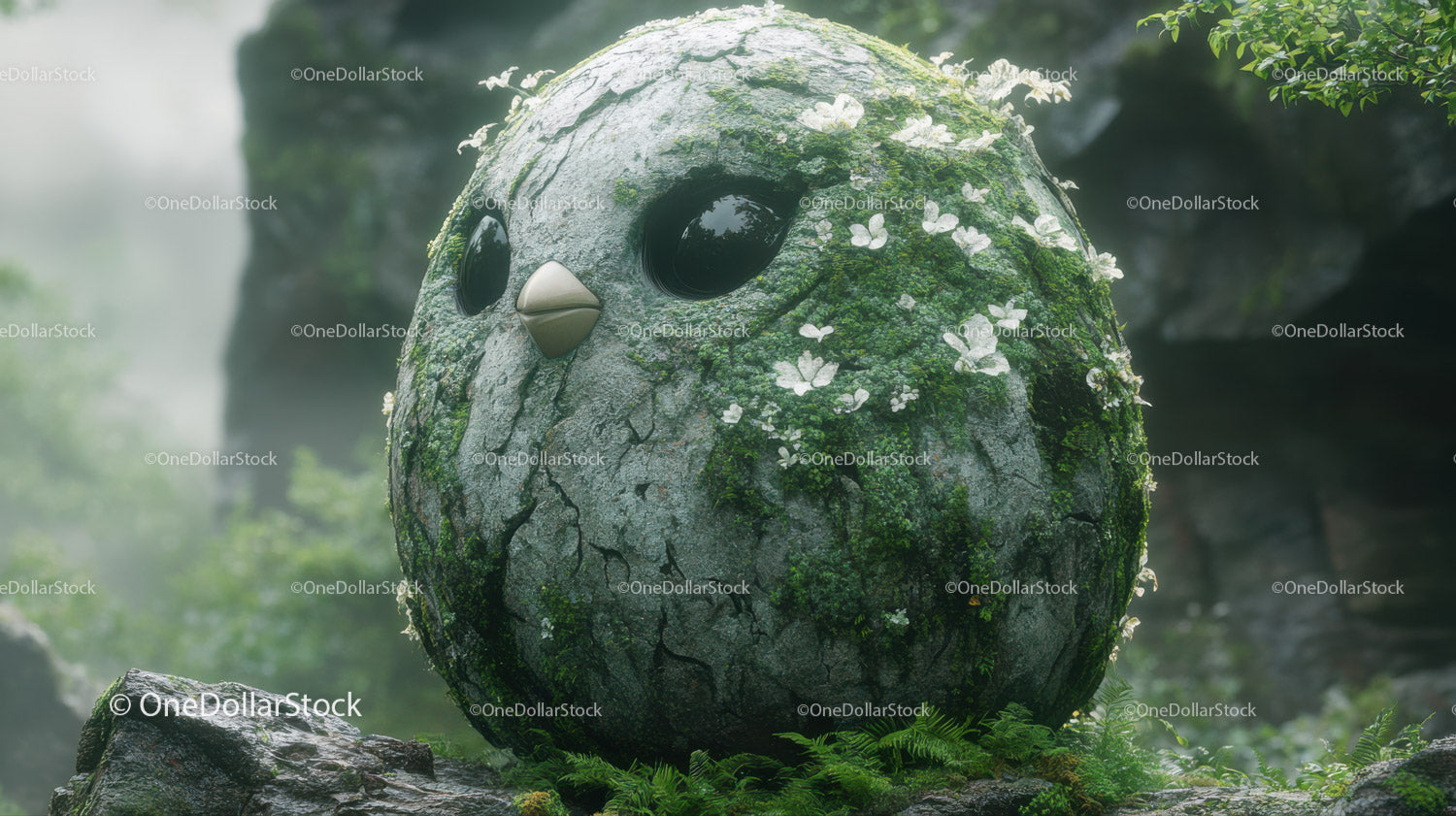 Nature-inspired Mossy Owl Face Sculpture in Forest Setting