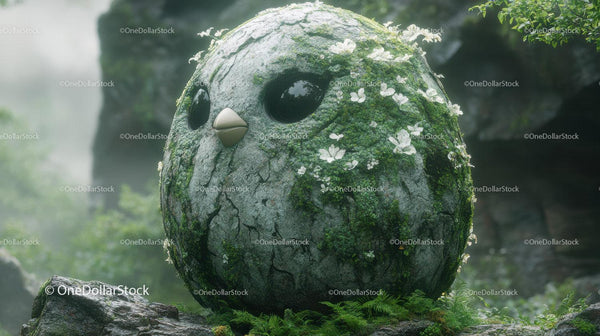 Moss Covered Stone Owl Sculpture in Forest