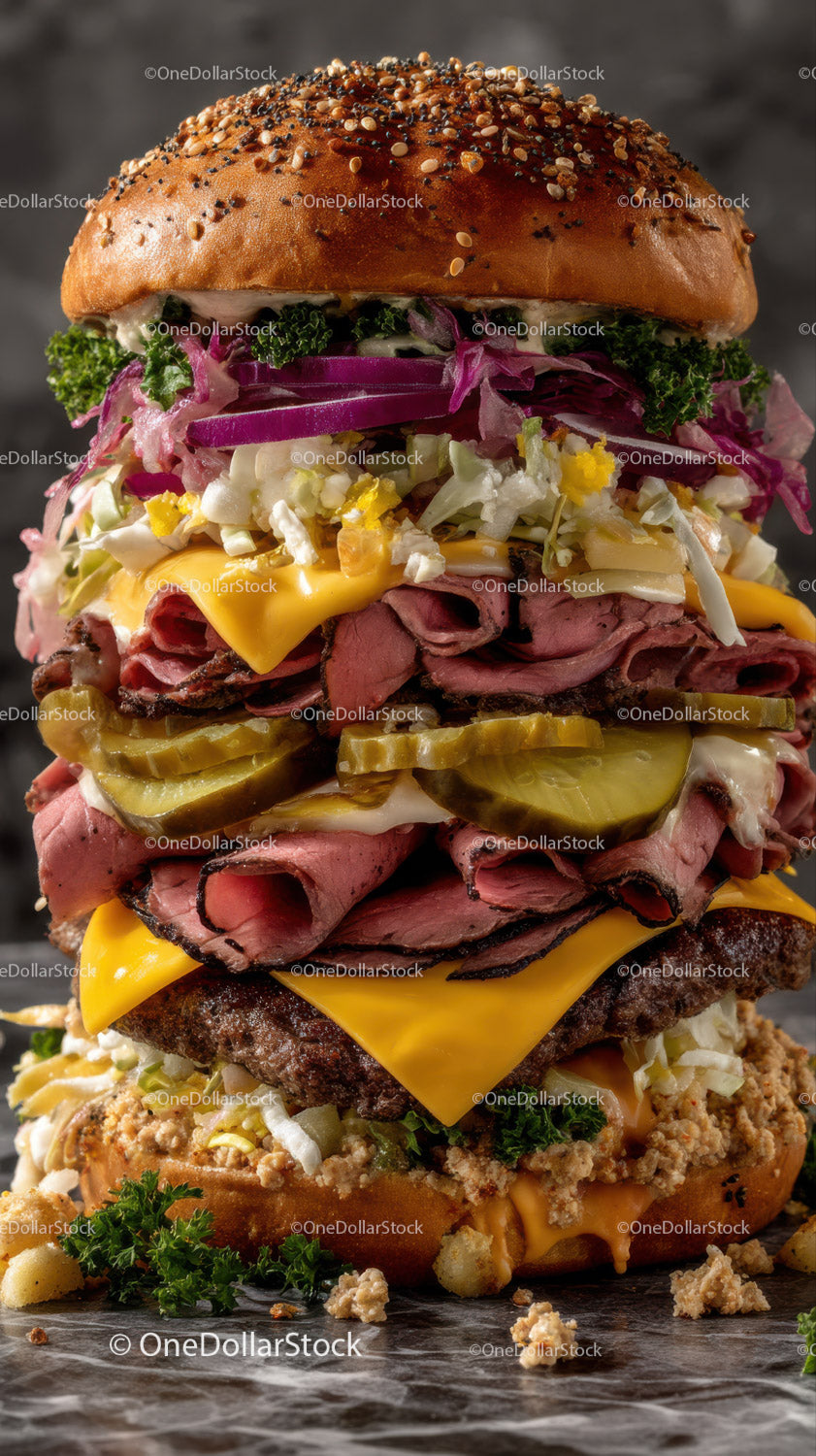 Gourmet Layered Burger with Beef, Cheese, and Fresh Vegetables