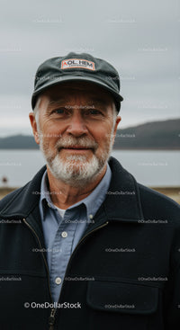 Older man in cap smiling by calm waterfront