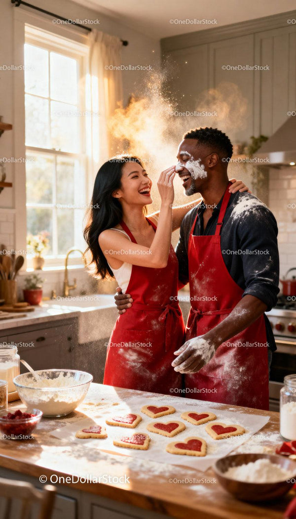 Couple Playfully Baking Heart Cookies in Sunlit Kitchen