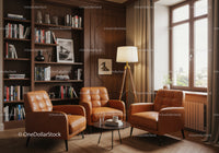 Cozy reading nook with leather chairs and warm lighting
