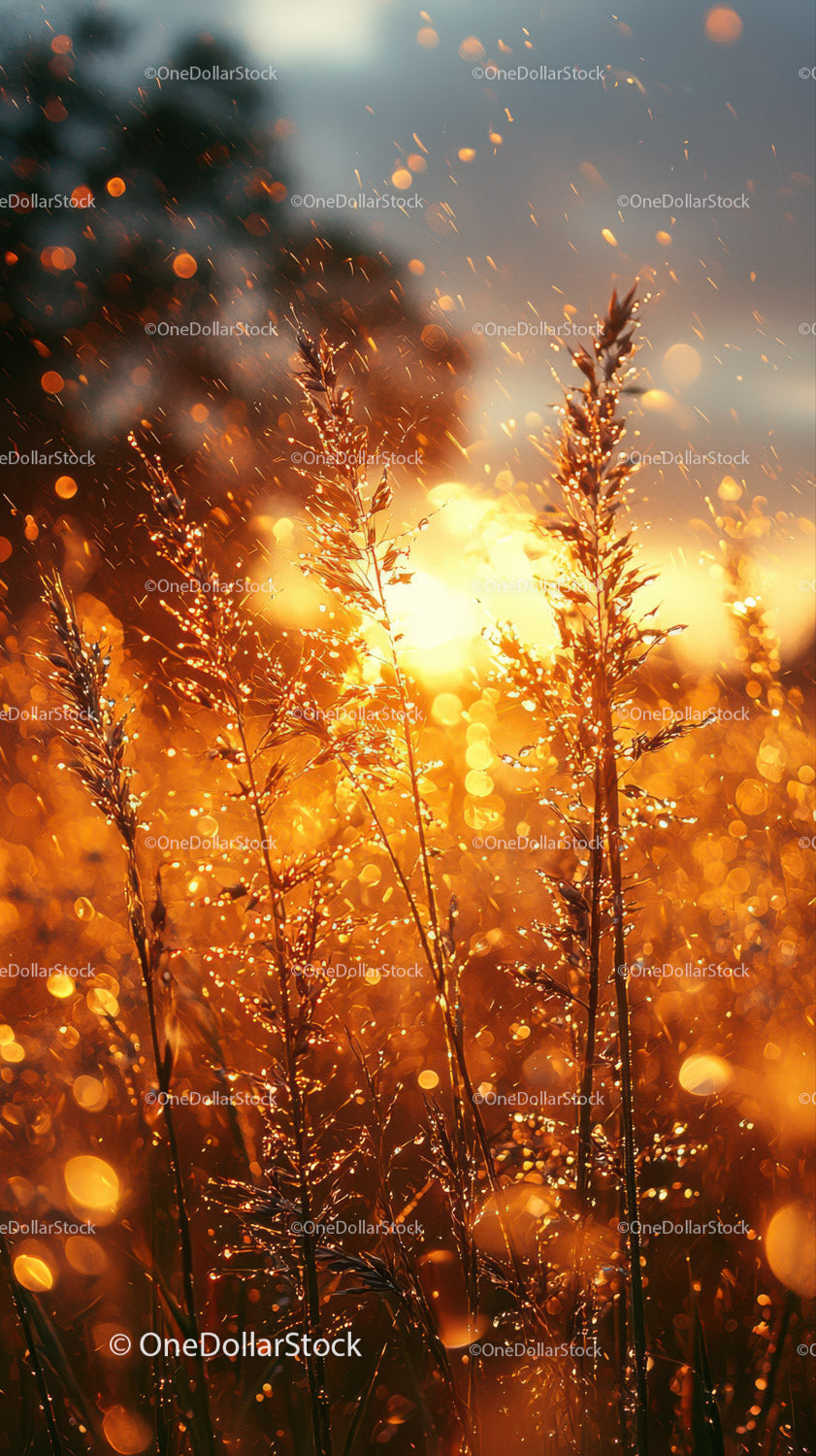Golden Grass at Sunset with Glowing Bokeh and Warm Atmosphere