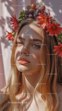 Young Woman with Red Floral Crown and Purple Grapes Outdoor Portrait