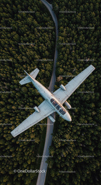 Small Jet Flying Over Dense Forest on Clear Day