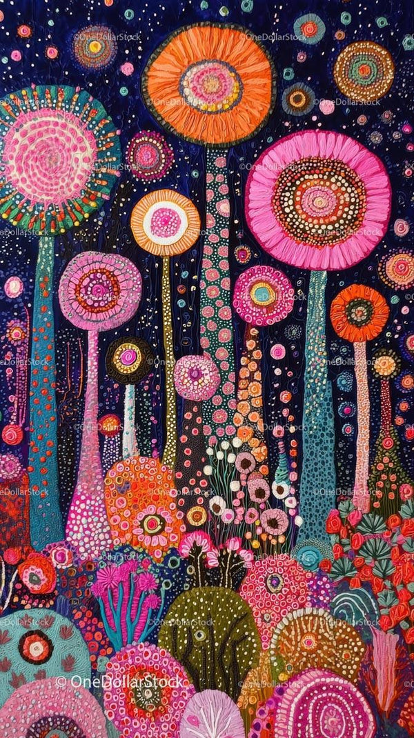 Colorful Abstract Floral Pattern with Psychedelic Flower Scene
