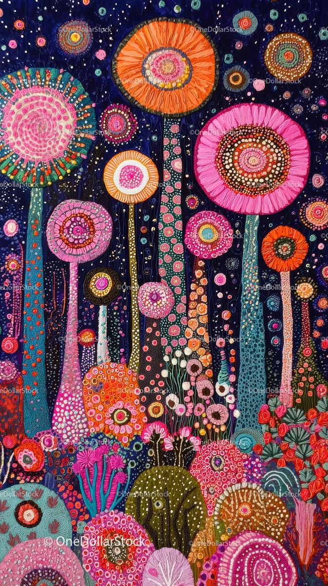 Colorful Abstract Floral Pattern with Psychedelic Flower Scene