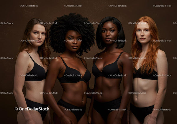 Diverse women in black lingerie standing confidently