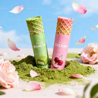 Cherry and Matcha Ice Cream Cones with Floral Touch