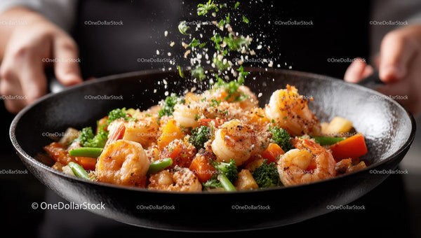 Fresh Shrimp and Vegetable Stir-Fry in Black Pan