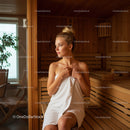 Young Woman Relaxing in Sauna with Wooden Interior and Towel