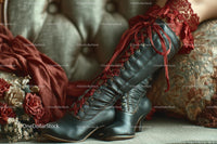 Chic Black Heels and a Red Lace Dress in a Cozy Bedroom Setting