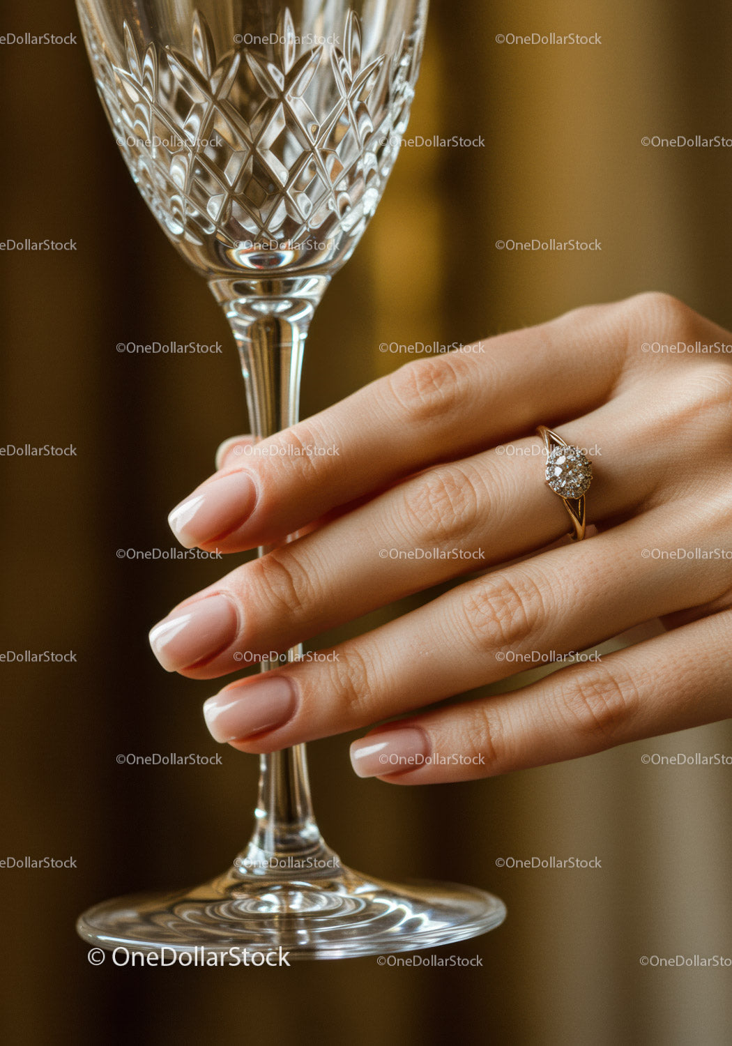 Elegant hand with diamond ring holding crystal glass