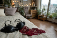 Chic Black Heels and a Red Lace Dress in a Cozy Bedroom Setting